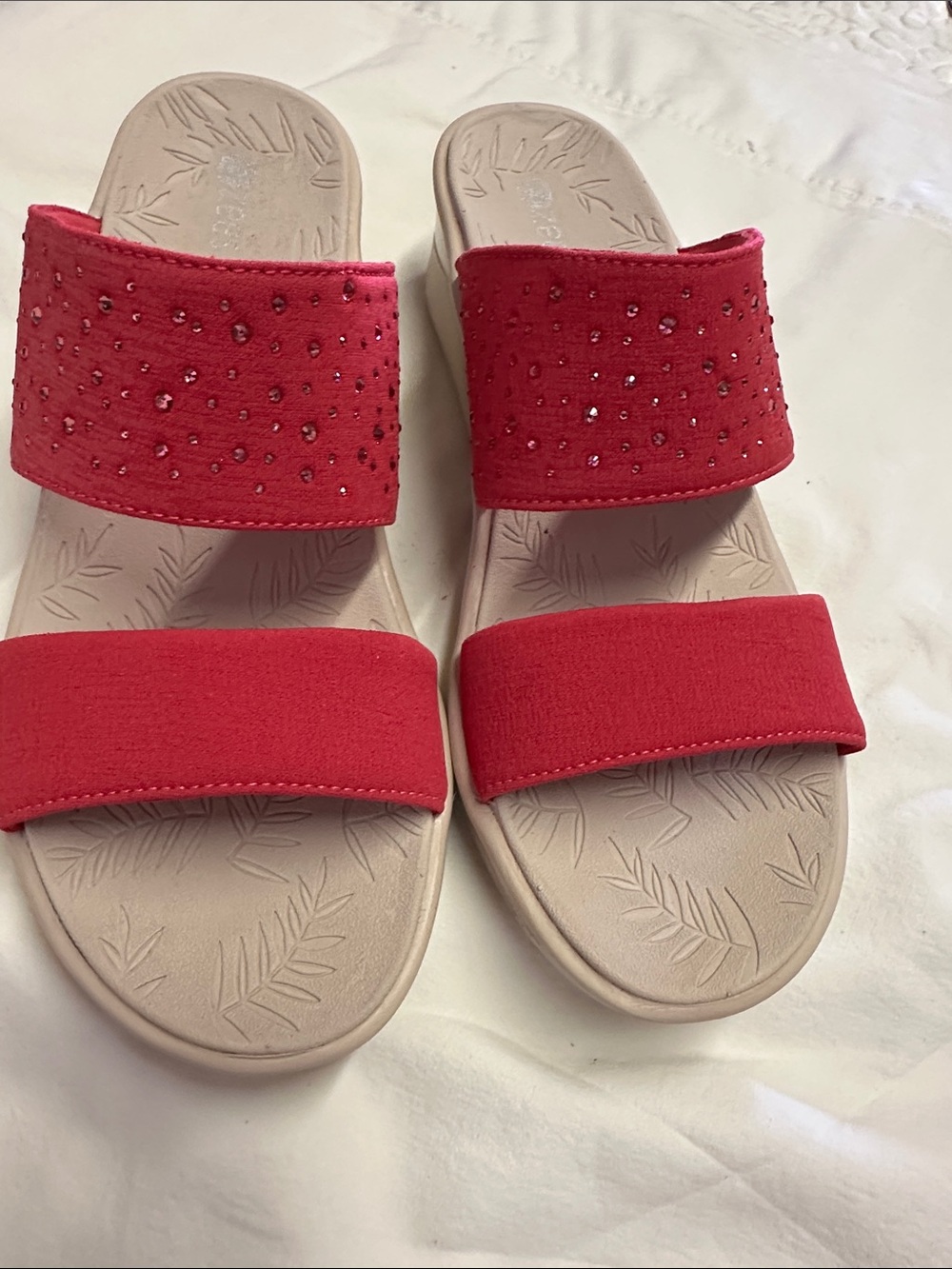 Bzees Red Double-Strap Slide Sandals with Crystal Accents